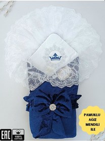 Resim Kadife Kız Bebek Battaniyesi Dantelli Kundak Hastane Çıkışı Yenidoğan %100 Doğal Pamuktan Hediyelik Lacivert 
