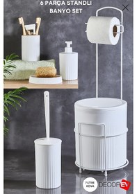 Resim Decorev 6 Parça Metal Standlı Banyo Seti 7 Litre Çöp Kovası, Tuvalet Kağıtlığı, Sabunluk, Fırçalık Ve Sıvı Sabunluk Dc Beyaz 