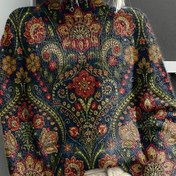 Resim Şık Yüksek Yaka Çiçek Desenli Kazak - Koyu Arka Plan Üzerinde Canlı Çok Renkli Çiçekli Desen, Elde Yıkanabilir/Kuru Temizleme, Şık Katmanlama, İnce Örgü 