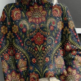 Resim Şık Yüksek Yaka Çiçek Desenli Kazak - Koyu Arka Plan Üzerinde Canlı Çok Renkli Çiçekli Desen, Elde Yıkanabilir/Kuru Temizleme, Şık Katmanlama, İnce Örgü 