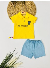 Resim Alpbebe Bear Detaylı Tshırt Mevsimlik Örme Kot Şort 2li Set-sarı Sari 