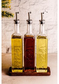 Resim Snippy Safir - Ahşap Standlı 3'lü Cam Damlatmaz Yağlık Sirkelik Zeytinyağı Sıvıyağ Şişesi Yağlık 500ml Ahşap 