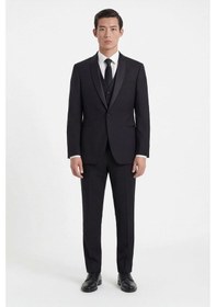 Resim Giotelli Erkek Siyah Dar Kesim Slim Fit Viskon Dokuma Normal Bel 8 Drop Yelekli Klasik Smokin Takım Elbise 