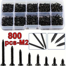 Resim 800 Adet M2 Siyah - Vidalama ve Ahşap Vidaları Seti, Spiral Saplı & Düz Başlı Dayanıklı Metal, Ahşap Tamir ve Aparat Montajı İçin, Pratik Saklama Kutusu Dahil 