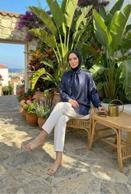 Resim adamila Kadın Lacivert Fiyonk Detaylı Saten Oversize Tesettür Tunik Gömlek Uzun Kollu Şık Günlük Trend Tunik 