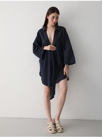 Resim Laluvia Lacivert Flam Keten Kimono Gömlek Lacivert 
