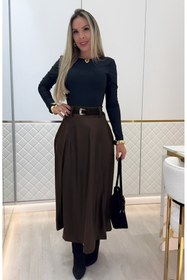 Resim Genel Markalar Gökyüzü Moda Kadın Yüksek Belli Maxi Deri Kemersiz Etek 