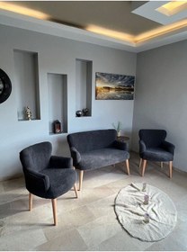 Resim Azra Mobilya Azra Aksesuar Çay Seti Oturma Grubu, Puffy Kumaş Koltuk Takımı, Ahşap Ayak, Balkon Bahçe Mobilyası Gri 