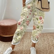 Resim Kadınlar için Çiçek Desenli Elastik Bel Günlük Pantolon - Hafif Polyester, Bol Kesim, Her Mevsim Giyilebilir, Cepli 