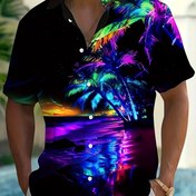 Resim Erkekler için canlı tropikal günbatımı 3D baskılı düğmeli Hawaii gömlek - Retro tarz, polyester, makinede yıkanabilir, palmiye ve deniz desenli yaz plaj giyimi, rahat kısa kollu, rahat fit, hafta sonu tatilleri için mükemmel 