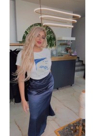 Resim Maison Meda Kadın Midi Saten Etek Lacivert 