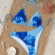 Resim ZHUIYUN Seksi Mavi Çiçek Desenli Bikini Seti - Yüksek Esneklik, Bağcıklı, V Yaka, Kolsuz Mayo, Kadınlar İçin Yüzme Kıyafeti, Yüzme Kıyafeti|Çiçekli Mayo|Esnek Kumaş 