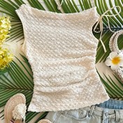 Resim Kadınlar için Omuz Açık Asimetrik Askılı Üst - Bej Kabarcık Dokulu Yarı Şeffaf Gömlek, Beli Sıkılaştırıcı Fit, Plaj Tatilleri, Partiler & Yaz Çıkışları İçin Makinede Yıkanabilir, Esnek Kumaş 