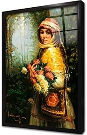 Resim Çiçek Toplamış Kadın Çerçeveli Cam Tablo 20x30 cm CB13063 