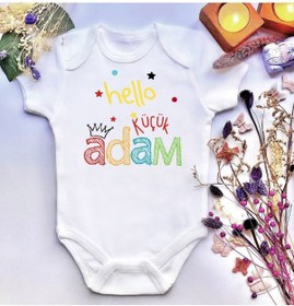 Resim irembaby Unisex Küçük Adam Baskılı %100 Pamuklu Çıtçıtlı Body Zıbın 