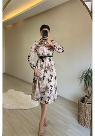 Resim Neşeli Butik Kadın Desenli Gömlek Yaka Midi Elbise Nm011 Bej 