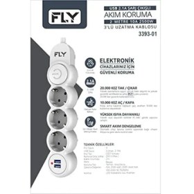 Resim Fly Fly 3393 Termal Akım Korumalı, Çocuk Korumalı, 2 x Usb, 2mt Uzatma Kablosu 3'lü Priz, Beyaz 