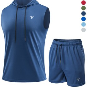 Resim 2 Parça Erkek Günlük Spor Kıyafeti Seti, İpli Kapüşonlu Yelek ve Yumuşak Rahat Outdoor Pantolon, Polyester Örme Kumaş - Serinletici, Nefes Alabilen, Hızlı Kuruyan, Çok Amaçlı Fitness Giysisi, Koşu, Bisiklet, Balık Tutma, Basketbol ve Ev Aktiviteleri İçin 
