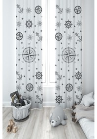 Resim Mekta Home Bebek Ve Çocuk Odası Pusula Desenli 2 Kanat Fon Perde 