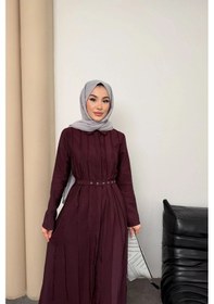 Resim Mihran Butik Quenn Model Coupra Model Kumaş Kemer Detaylı Elbise Bordo 
