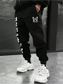 Resim Letter Graphic Drawstring Waist Eşofman Altı Siyah 