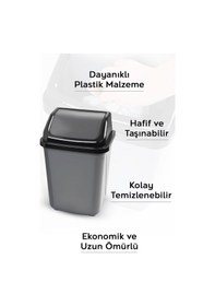 Resim Kapaklı Plastik Çöp Kovası - Ev Ofis Banyo Mutfak Çöp Kovası Gri 20 Litre Gri 