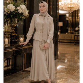 Resim Budan Export Kadın Gold Toka Kemer Detaylı Peplum Bluz Kloş Etekli Gömlek Yaka Uzun Kol Tesettür Ikili Takım 