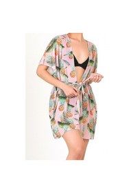 Resim Pareo Plaj Elbisesi Kimono Std Yazlık Oversize Tül Gömlek Kemerli Elbise Ananas Somon 