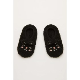 Resim Kız Çocuk Siyah Mommy Cat Peluş Panduf – Kaymaz Tabanlı, Kedi Desenli, Sıcak ve Rahat Ev Çetik Modeli 