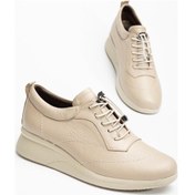 Resim Hakiki Deri Ortopedik Kadın Günlük Ayakkabısı Bej Dolgu Topuklu Elastik Bağcıklı-3574 Bej 