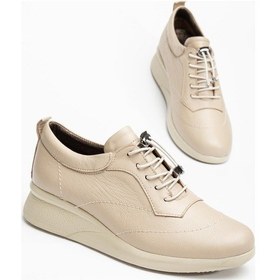 Resim Hakiki Deri Ortopedik Kadın Günlük Ayakkabısı Bej Dolgu Topuklu Elastik Bağcıklı-3574 Bej 