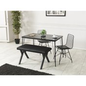 Resim Ressa Home Armin Siyah Mermer Görünümlü Metal Ayaklı Mutfak Masası Ve Bench Takımı 