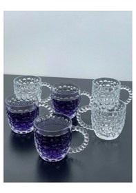 Resim 6 Lı Cam Kulplu Desenli Kupa Meşrubat Kokteyl Bardak 300ml 