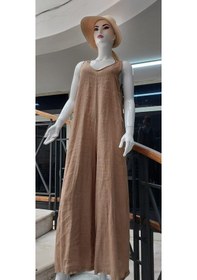 Resim İtalyan Kadın Askılı Keten Tulum Camel 