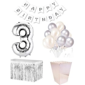 Resim 3 Yaş Beyaz Gümüş Balon Rakam Folyo Banner Mısır Kutusu Masa Et 