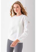 Resim Kadın Bisiklet Yaka Kol Parçalı 3ip Şardonlu Sweatshirt Beyaz - 2513 Beyaz 