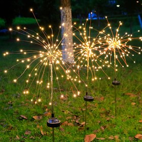 Resim 90 adet güneş enerjili çim lambası dolu LED boncuklar, sıcak ışık ve beyaz ışık, karahindiba ışıkları, havai fişeklere dönüşen yer lambaları, açık hava bahçe avlu villası dekoratif lambalar 