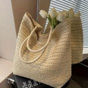 Resim Pirinç Beyaz Rahat Moda Hasır Çanta Tatil Seyahat Plaj Parti Çantası Kadın Çantası Tote Çanta Omuz Büyük Kapasiteli Örgülü Hasır Çanta Günlük Alışveriş İçin Mağazalar İçin 