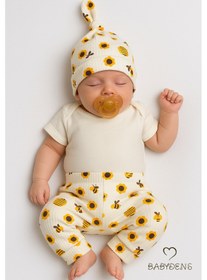 Resim Babyden's Arı Desenli Bebek Takımı Pamuklu Kısa Kol Body Pantolon Ve Şapka Seti Yenidoğan Kız Erkek Bebek Alt Üst Takım Ekru 