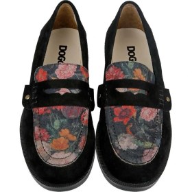 Resim Dogo Kadın Vegan Deri Siyah Loafer - Black Floral Tasarım 