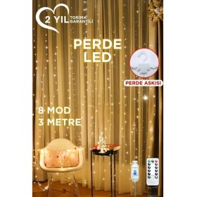 Resim Lw-7 300 Ledli 10 Sarkıt Perde LED Işık, 8 Modlu Uzaktan Kumandalı, 3x3 Metre Peri Telli LED 