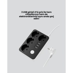 Resim TKÇ 3 USB Çıkışlı 4’lü Akıllı Priz 2500W 2 Metre Kablo 