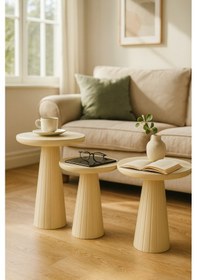 Resim Doğal Ahşap Krem Mantar Sehpa 3 Lü Set Şık Zigon Ve Fiskos Takımı Beyaz 