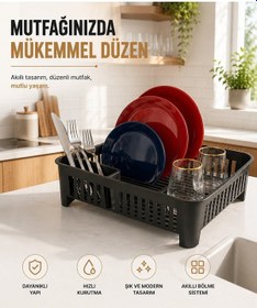 Resim Bulaşıklık Tezgah Üstü Tabak Bardak Kurutmalık Plastik Bulaşık Sepeti 33x41 Cm Siyah S-10567 