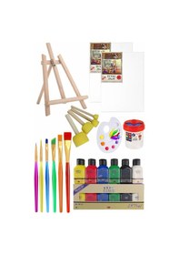 Resim Mini Şövale 25x35 2 Li Tuval Artdeco 6 Renk Akrilik Boya Başlangıç Seti Fırça Palet Ponpon Su Kabı Masaüstü Sanatsal 