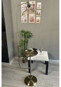 Resim Vishi Bal Rengi Cam Düz Tepsili Lambader Eskitme Gövde Modern Dekoratif Metal Zemin Lambası Natural 