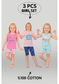 Resim Kız Çocuk 3'lü %100 Pamuklu 1-2-3 Yaş Pijama Takımı Model:128 Çok Renkli 