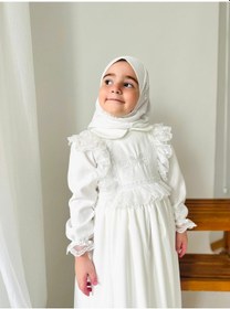 Resim Kız Çocuk Tesettür Elbisesi Merasim Elbisesi,başörtülü Takım 3-12 Yaş Uygun Beyaz 