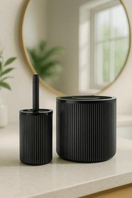 Resim Lines Serisi Siyah Banyo Seti, 2 Parça Akrilik Silindir 5 Litre Çöp Kovası Ve Tuvalet Fırçası Takımı Siyah 