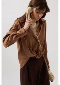 Resim Bel Büzgülü Crop Saten Gömlek Bej 